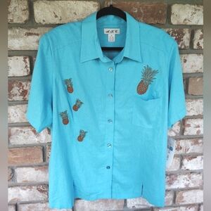 A.K.C. NWT Blue Pineapple Embroidered Linen Blend Button Down Shirt Sz 2X Resort